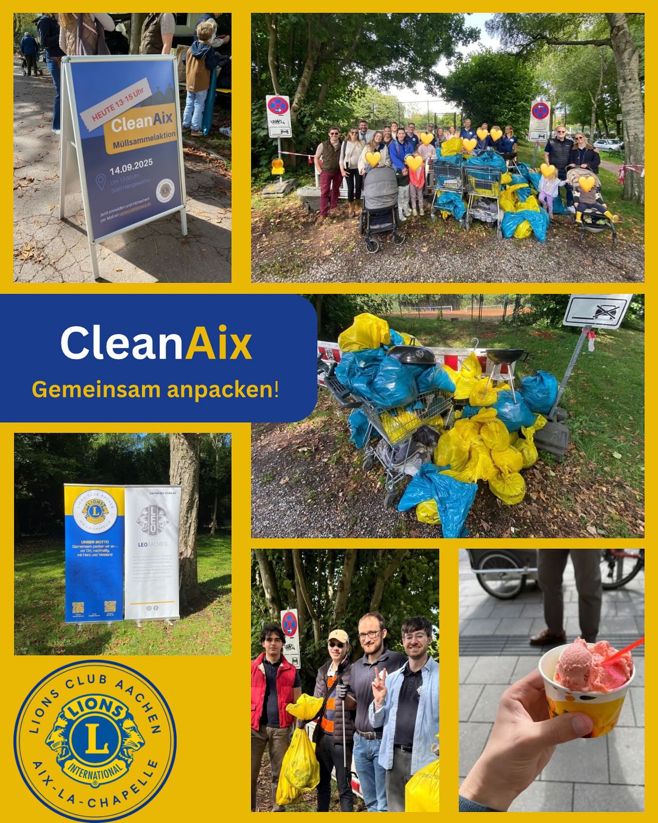CleanAix Müllsammelaktion am 14.09.2025. Wir haben wieder gezeigt, wie stark #aachen zusammenhält 💪🌍.

👉 Was wir geschafft haben 💚:
•⁠ ⁠viele Säcke Müll eingesammelt
•⁠ ⁠Jung & Alt gemeinsam für unsere Stadt 
•⁠ ⁠Sachspenden gesammelt: alte Brillen, Handys, Kronkorken & Fremdwährungen für unsere sozialen Projekte.

Unter den Teilnehmenden der @leoclubaachen, viele Kinder und Jugendliche aus dem @zentrum_fuer_soziale_arbeit Burtscheid.
Alle Helfer durften sich nach getaner Arbeit über ein leckeres Eis freuen.
Ein großes Dankeschön an das @eiscafegoethe für die Eisgutscheine, gesponsert von Günter Stieldorf von @delheid.soiron.hammer !

➡️ Mehr über unsere Aktionen: siehe Biografie