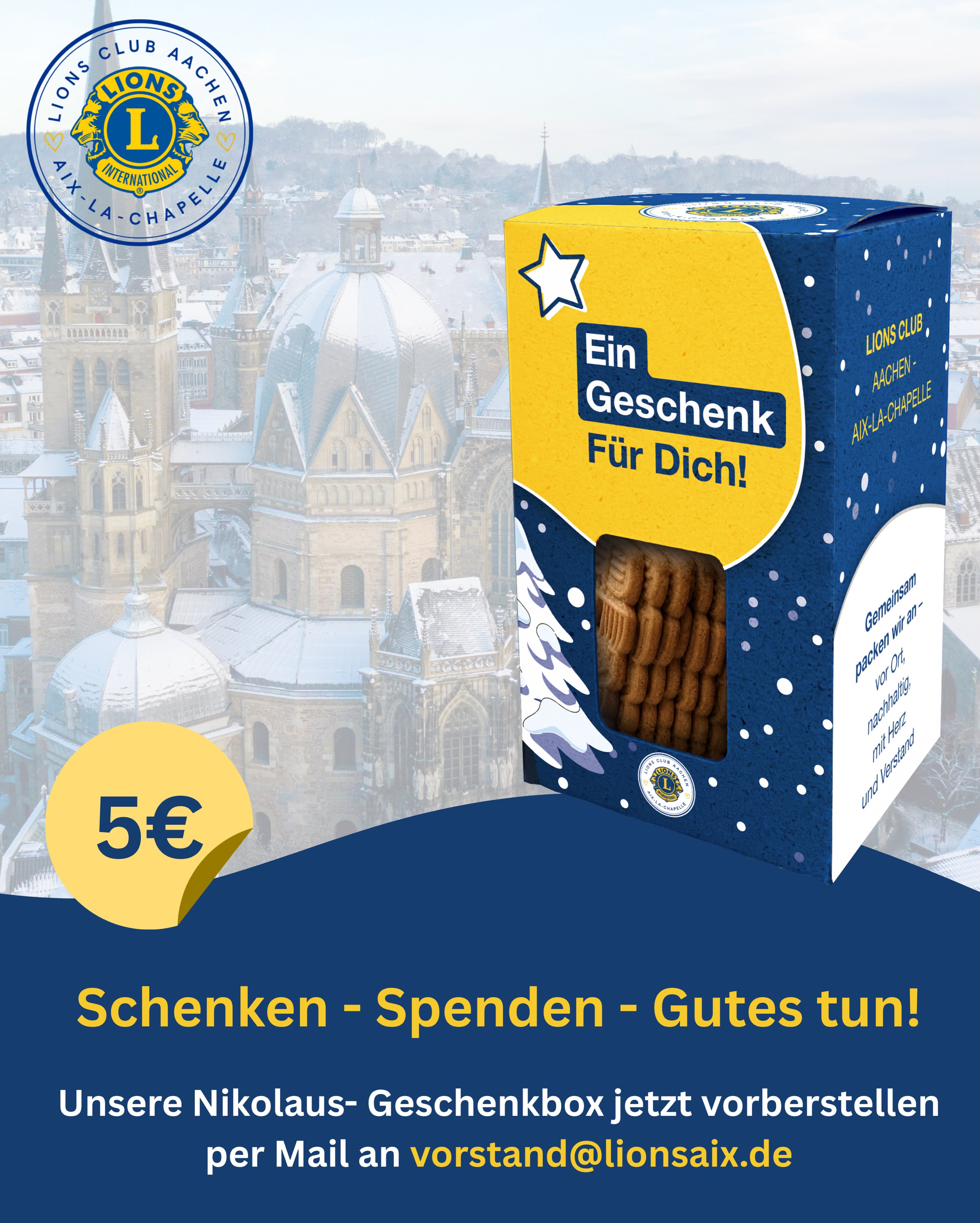 🎅❤️ Nikolausfreude, die doppelt gut tut!
Schenken- Spenden - Gutes Tun!
Unsere Geschenkbox ist zurück!
In neuem Design, zu neuer Zeit🎄✨
Für nur 5 € steckt jede Menge Aachen in der kleinen Box: 🎁
🥨 leckere Aachener Spezialitäten
❤️ und eine große Portion Nächstenliebe
Denn der gesamte Erlös kommt Projekten zugute, die Kinder in Aachen unterstützen – unter anderem Breakfast for Kids @breakfast4kidsev , D-Hof @ot_dhof und Kinderseele e.V. @kinderseeleaachen.de
So wird aus einer kleinen Nikolausüberraschung eine große Hilfe. 🥰
🎁 5 € zahlen.
😋 Aachener Spezialitäten genießen.
❤️ Kindern in Aachen etwas Gutes tun.
Macht mit und verschenkt ein Stück Aachen mit Herz! 🎅✨
Ab sofort könnt ihr die Box per Mail an vorstand@lionsaix.de (auch in großer Stückzahl) vorbestellen.
#Nikolausbox #Aachen #lionsaix #GutesTun #spendenaktion