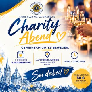 Ein schöner Abend.
Gute Gespräche. 
Und gemeinsam etwas bewegen. 💙💛

Manchmal braucht es nicht viel, um Gutes zu tun. Nur Menschen, die zusammenkommen, miteinander lachen, genießen und dabei etwas bewegen möchten.

Genau dazu laden wir euch herzlich zu unserem Charity Abend des Lions Club Aachen Aix-la-Chapelle ein!

📅 Donnerstag, 5. November 2026
📍 Alt Linzenzhäuschen, Eupener Str. 378, Aachen
🕖 19:00–23:00 Uhr
🎟️ 50 € pro Person (Essen & Getränke inklusive)

Freut euch auf einen geselligen Abend in schöner Atmosphäre, mit tollen Begegnungen und für den guten Zweck.

Denn gemeinsam können wir mehr bewegen!

Wir freuen uns auf euch! 💙💛

#LionsClubAixLaChapelle #CharityAbend# #Aachen #GemeinsamGutesTun